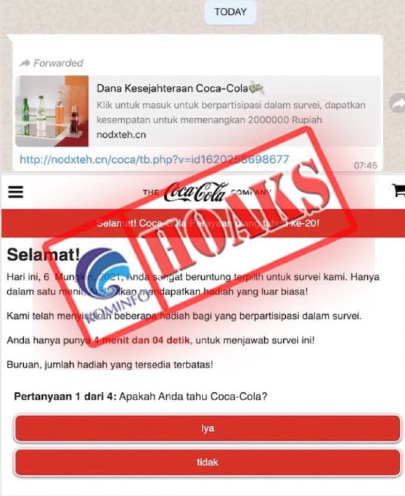 [HOAKS] Survei Berhadiah Dana Kesejahteraan dari Coca-Cola untuk Rayakan HUT Ke-20